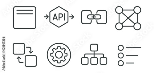 Set includes document, API, link, network, flowchart, gear, hierarchy, list icons.