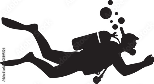 Silhouette Of Scuba Diver Swimming With Bubbles Underwater For Design Elements