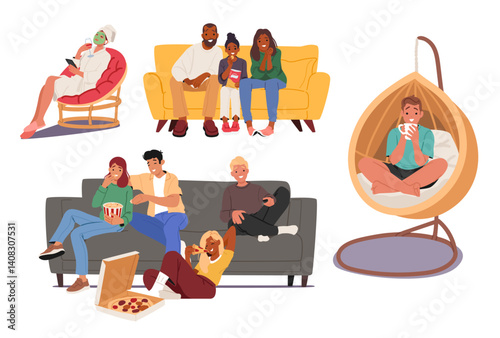 Happy family, friends group, preteen boy, fashion woman relaxing on sofa or couch isolated set