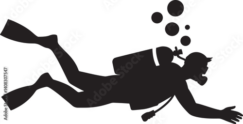 Scuba Diver Silhouette With Bubbles Underwater Adventure And Water Sport