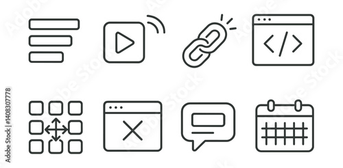 Set of eight icons: menu, play, link, code, grid, close, chat, calendar.