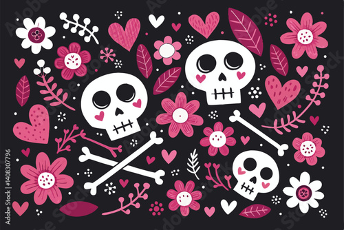 Create a whimsical cartoon illustration featuring skulls and crossbones playfully adorned with hearts and floral elements, possibly including a character named Flo.