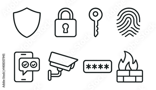 Set of icons: shield, lock, key, fingerprint, smartphone, camera, password, firewall.