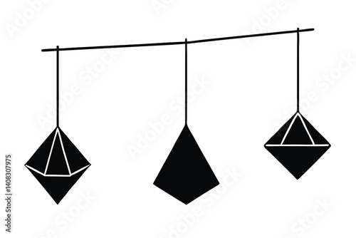 geometric hanging ornaments, black and white, minimalist design, angular shapes, suspended decorations, modern art installation, symmetrical composition, abstract mobile, triangular prisms, octahedron