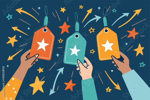 Cartoon hands joyfully holding price tags adorned with sparkling stars, emphasizing a sale or discount.