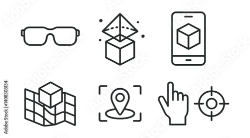 Line vector icons of augmented reality: AR glasses, interactive object, 3D cube, phone with overlay, spatial map, AR marker, hand gesture, target circle.