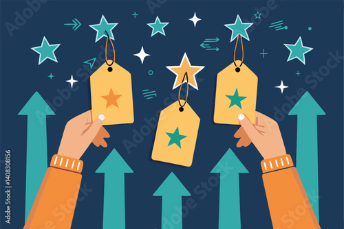 Cartoon hands joyfully holding price tags adorned with sparkling stars, showcasing a playful retail or sale concept.