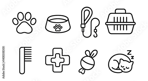 Line vector icons of pet care: paw print, food bowl, leash icon, pet carrier, grooming comb, veterinary cross, pet toy, sleeping pet.