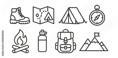 Line vector icons of hiking and adventure: hiking boots, trail map, tent icon, compass, campfire, water bottle, backpack, mountain peak.