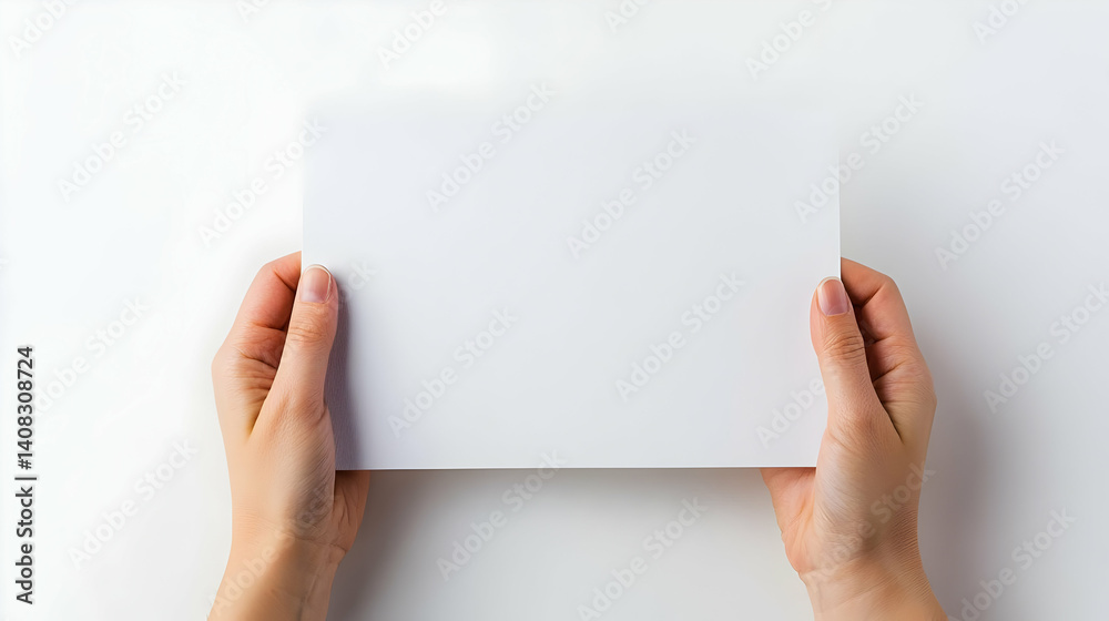Woman's Hands Holding A Blank White Rectangular Paper Against A White Backdrop In A Studio Setting With Soft Lighting Woman's Hands Holding A Blank White Rectangular Paper Against A White Backdrop In A Studio Setting With Soft Lighting