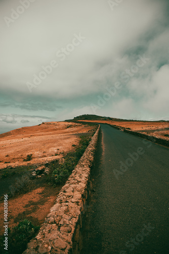 Straight Road Through Volcanic Landscape in Lanzarote