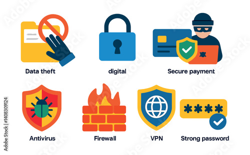 set of security icons: data theft, lock, payment, antivirus, firewall, VPN, password.