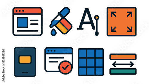 Set of eight icons: webpage, paintbrush, typography, fullscreen, card, checklist, grid, align.
