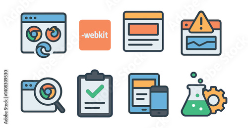 Set of eight icons: browsers, webkit, content, warning, magnifying glass, checklist, devices, science.