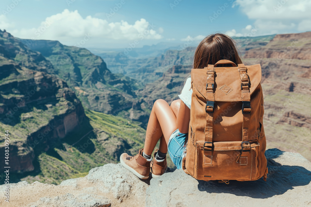 Backpacker sitting on a mountain cliff, enjoying scenic canyon view under warm natural sunlight.