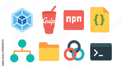 Set of icons: cube, cup, red square, file, hierarchy, folder, rings, terminal.