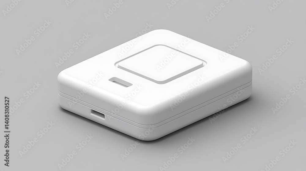 Compact white square device with a central button. Compact white square device with a central button.