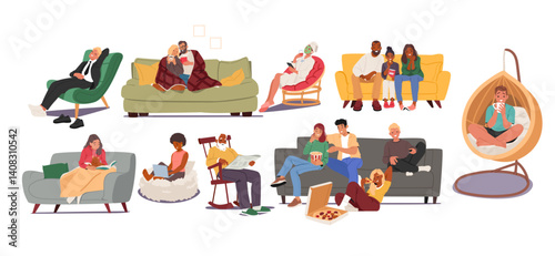 Happy people reading, relaxing, talking, watching movie, surfing on internet on sofa and chairs