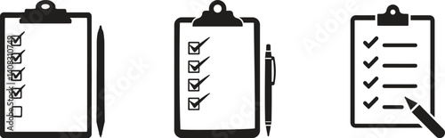 Set of Silhouette flat design Checklist with clipboard and pen icon vector illustrations 