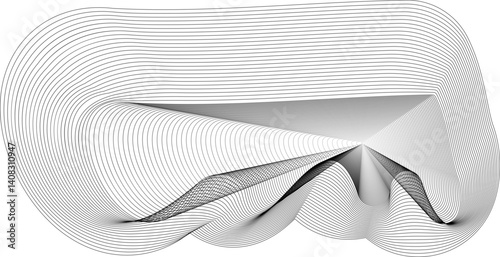 A continuous mesh outline curves in undulating patterns, generating a morphing visual wave structure.