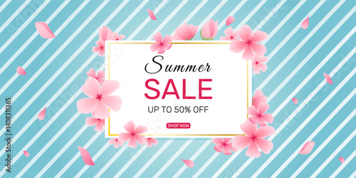 Summer promotion banner adorned with sakura, cherry blossom and petals set against blue backdrop and white lines. Botanical vector artwork for posters, social media, web, greeting card