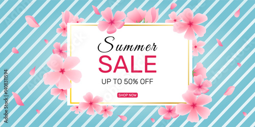 Summer promotion banner adorned with sakura, cherry blossom and petals set against blue backdrop. Botanical vector illustration for web, social media, posters
