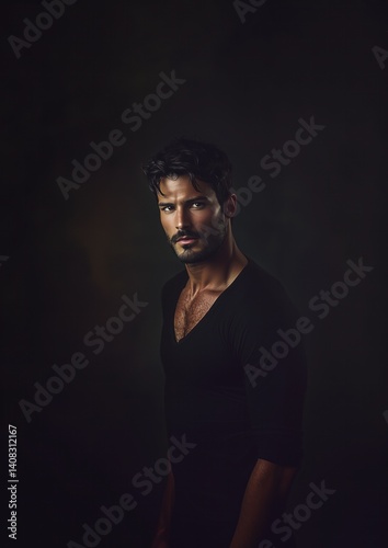 Un homme âgé dune trentaine d'années, séduisant, viril et mystérieux avec des cheveux bruns et la barbe, vêtu d'un t-shirt noir à col ouvert sur un arrière-plan texturé sombre. photo
