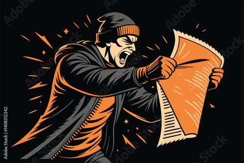A determined character fiercely rips a corrupt, aged document in half, showcasing righteous anger and defiance.