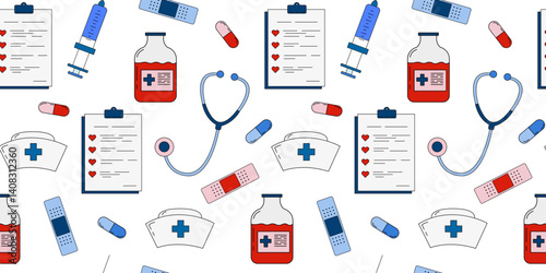 seamless medical pattern with nurse hat, stethoscope, syringe, bandage, pills and clipboard – isolated vector background for international nurse or doctor day