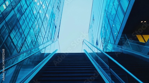 Modern stairs lead towards a bright sky framed by towering glass buildings in an urban setting