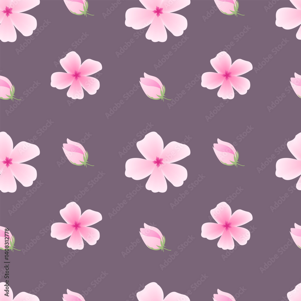 Vector illustration of a seamless pattern featuring pink flowers sakura and buds on a purple background. Ideal for textile design and digital wallpapers, emphasizing a floral theme Vector illustration of a seamless pattern featuring pink flowers sakura and buds on a purple background. Ideal for textile design and digital wallpapers, emphasizing a floral theme