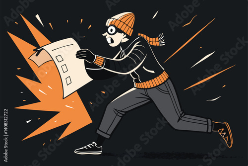 A determined character fiercely tears a corrupt, official-looking document in half, revealing a hidden symbol beneath.  (1) denotes a single, significant tear.