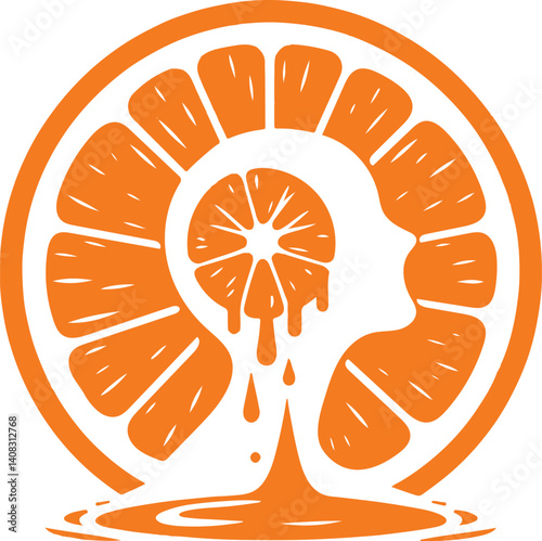 Orange juice fruit graphic with a fresh citrus mind symbolizing a healthy clever idea
