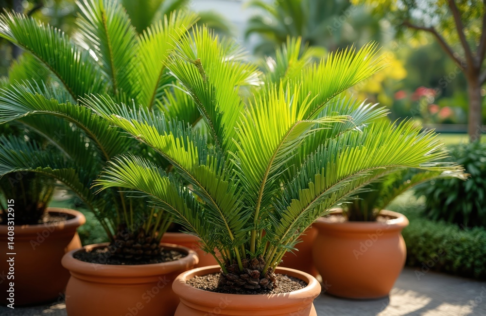 Fototapeta premium Tropical palm trees in pots in garden. Green leaves, sunny day. Potted plants in flowerpots. Botany, nature, tropical environment, gardening, landscaping. Ideal for home decor, eco design.