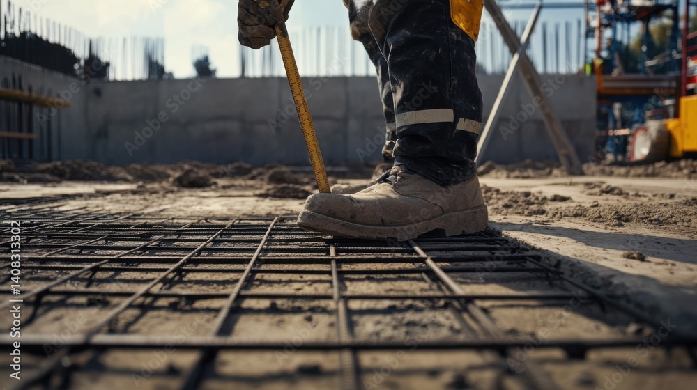 Builder measuring foundations at a construction site. Featuring precision and focus Builder measuring foundations at a construction site. Featuring precision and focus
