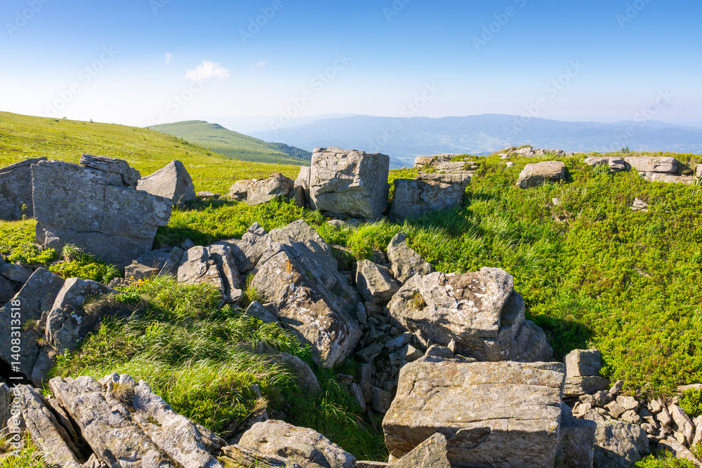 white sharp stones on the hillside. lovely carpathian mountain landscape in summer. vacation season background. huge rocks scattered among alpine grass. stunning terrain of smooth mountain