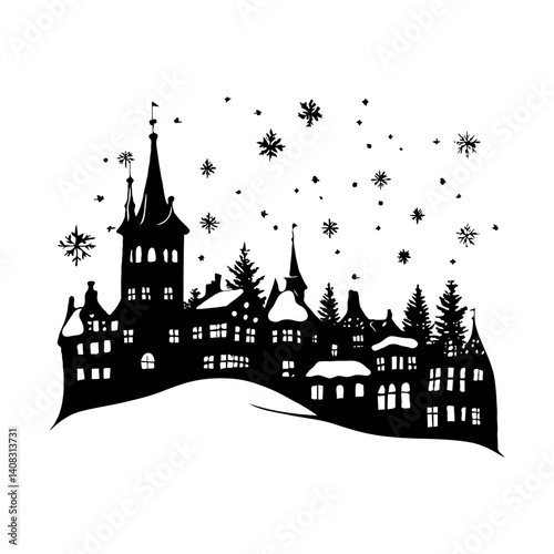 Black silhouette of winter village with snow-covered roofs, pine trees, and snowflakes on white background. Concept of peaceful snowy townscape