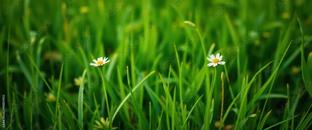 Single white flower blooms in vibrant green grass field, detail, serenity Single white flower blooms in vibrant green grass field, detail, serenity