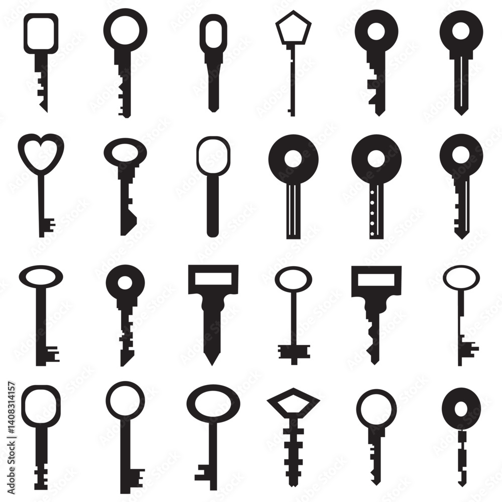 Key icon symbol flat and line style set. Door or house key to unlock lock collection. Security system concept represented by outline and silhouette key sign group