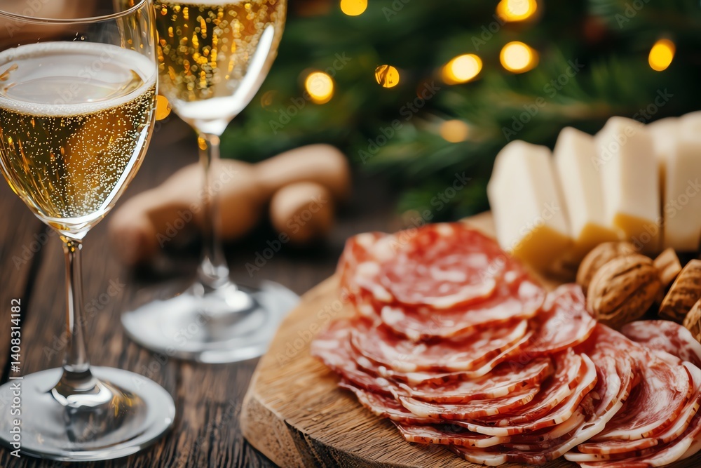 Elegant platter with meats, cheese, and drinks. Elegant platter with meats, cheese, and drinks.