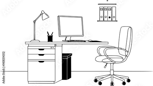 Vector illustration of an organized office workspace featuring a desk, chair, and computer.
