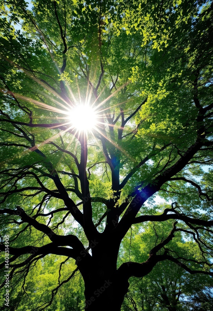 Obraz premium Sunlight dapples leaves of a majestic tree, creating a leafy archway reaching towards the sky, forest, tree, summer
