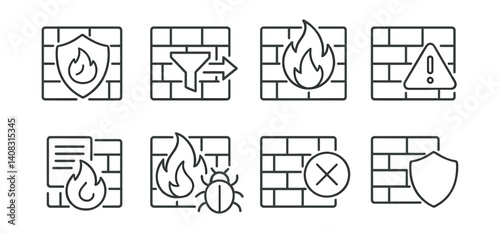 Set of firewall icons: firewall, data filter, flame, alert, document, bug, block, shield.