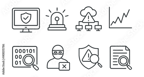 Line style icons of network intrusion detection: IDS dashboard, alarm icon, network anomaly, traffic spike, packet monitor, unauthorized access, scan alert, log review.