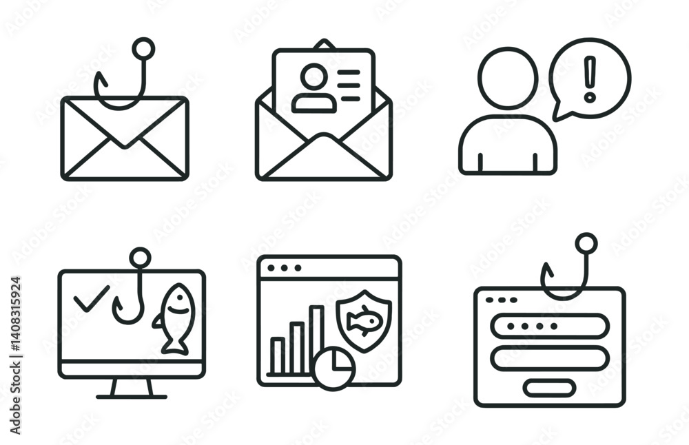 Line style icons of phishing simulation: fake email icon, training email, user report icon, phishing detector, simulation run, phishing metrics, awareness tool, fake login.
