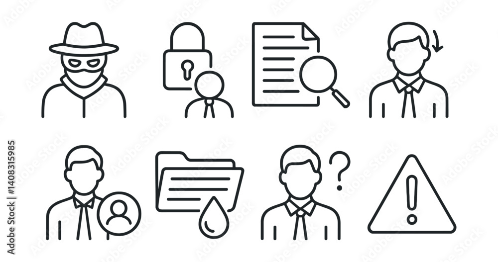Set of icons: burglar, lock, document, person, profile, folder, droplet, question mark, warning.