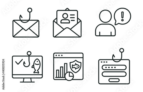 Line style icons of phishing simulation: fake email icon, training email, user report icon, phishing detector, simulation run, phishing metrics, awareness tool, fake login.