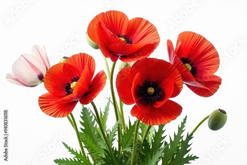 Vibrant red poppies, lush bouquet, isolated on white , detail, wildflower, spring