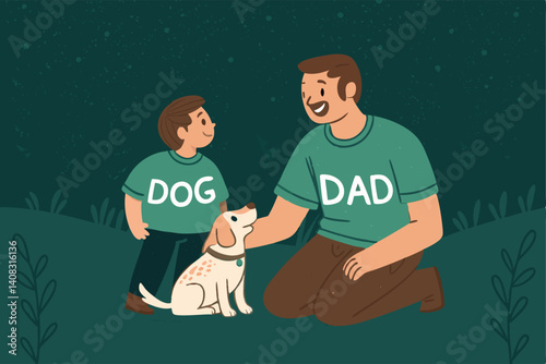 A heartwarming photo of a dad and his dog wearing matching "Dog Dad" shirts, showcasing a strong bond.  Capture genuine happiness and affection.