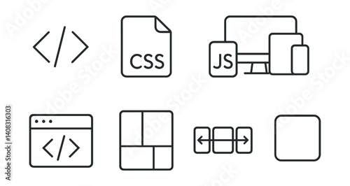 Flat vector icons of frontend development: HTML file, CSS file, JavaScript logo, code editor, responsive layout, live preview, mobile breakpoint, component icon